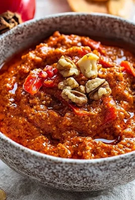 A bowl of Muhammara dip served with pita bread and vegetables.