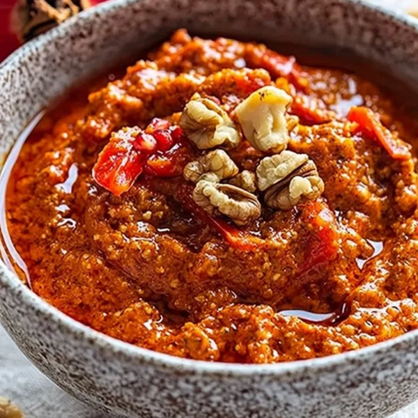 A bowl of Muhammara dip served with pita bread and vegetables.