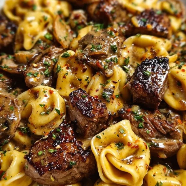 One-Pan Cowboy Butter Tortellini with savory steak bites, a delicious meal option.