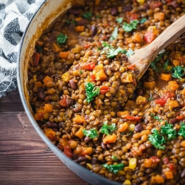 Delicious One Pot Mexican Lentils garnished with fresh cilantro and lime.