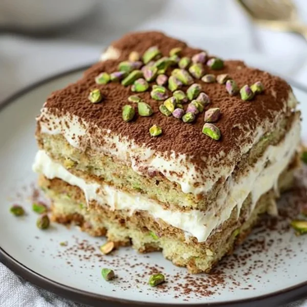 Delicious pistachio tiramisu dessert with layers of creamy filling and nuts