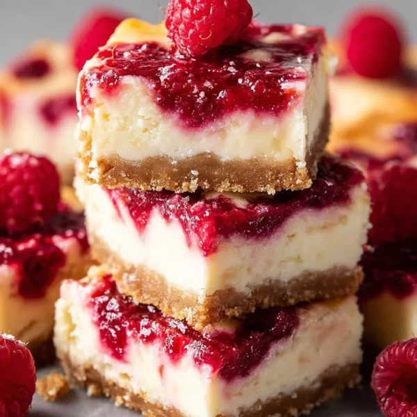 Delicious Raspberry Cheesecake Bars topped with fresh raspberries