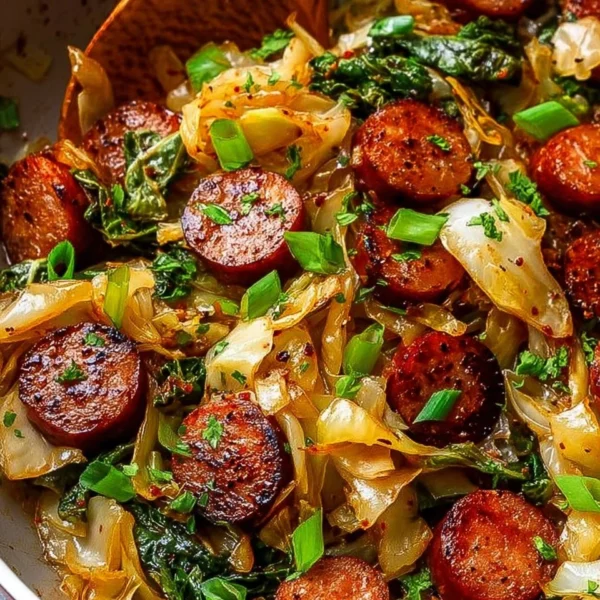 Sausage and cabbage stir fry plated in a bowl