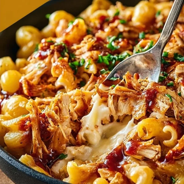 Delicious shredded BBQ chicken mac and cheese topped with cheese and BBQ sauce