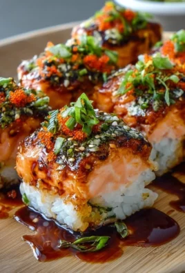 Delicious spicy salmon sushi bake topped with avocado and herbs