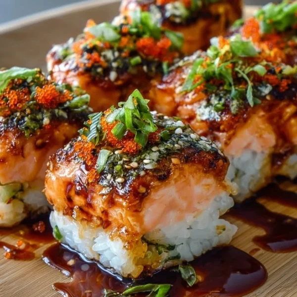 Delicious spicy salmon sushi bake topped with avocado and herbs