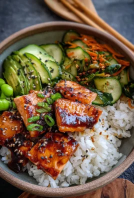 Gluten free teriyaki salmon sushi bowl garnished with fresh vegetables