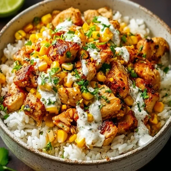 Delicious Street Corn Chicken Rice Bowl topped with fresh ingredients and spices