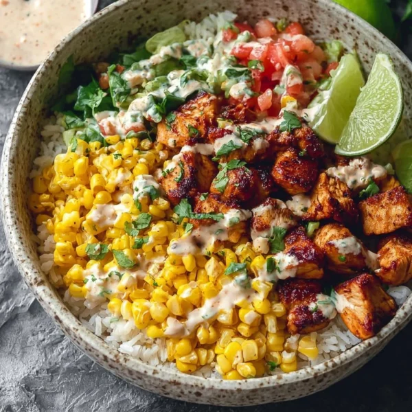 Street corn chicken rice bowl with fresh ingredients and vibrant toppings