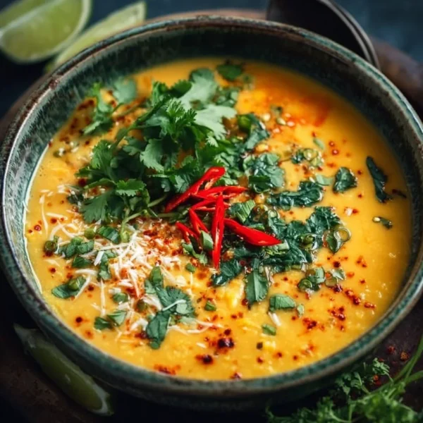 Bowl of Thai Coconut Red Lentil Soup garnished with fresh herbs