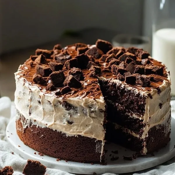 Delicious ultimate brownie cake with rich chocolate frosting and toppings