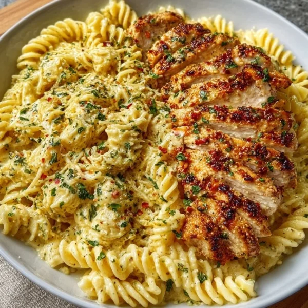 Creamy garlic parmesan chicken pasta served in a bowl, garnished with parsley.