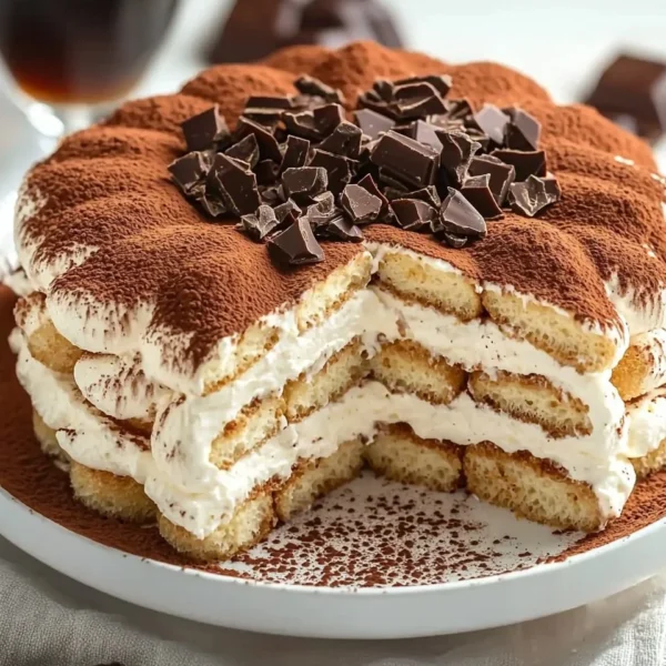 Delicious layers of classic tiramisu dessert served in a glass dish