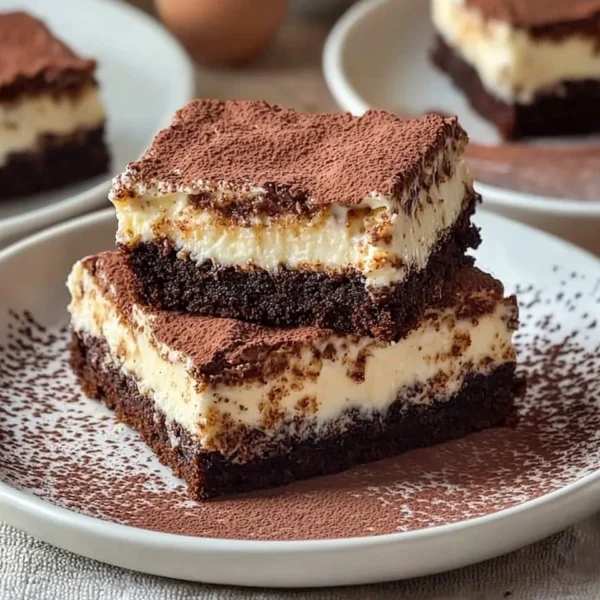 Decadent tiramisu brownies with layers of chocolate and coffee flavors.