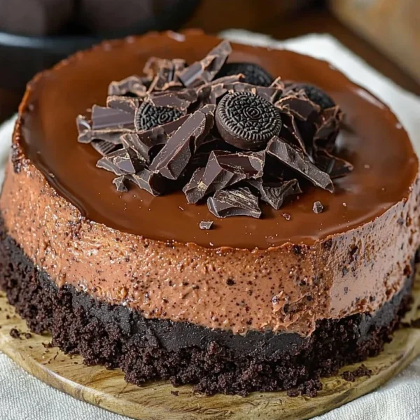 Delicious Triple Chocolate Cheesecake with Oreo Crust on a serving plate