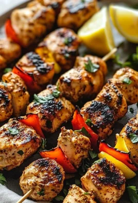 Delicious Turkish chicken kabobs served on skewers with vegetables.