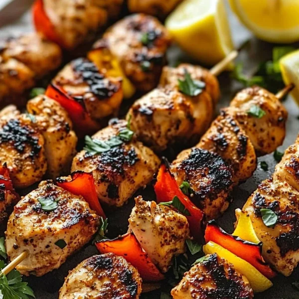 Delicious Turkish chicken kabobs served on skewers with vegetables.