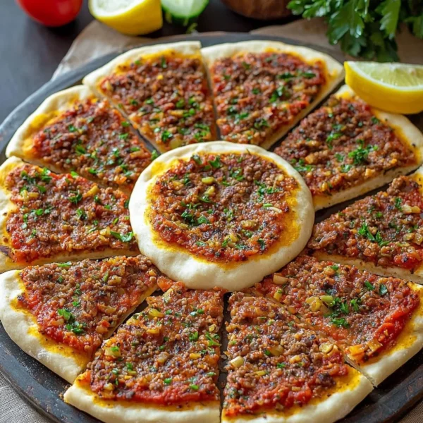 Delicious Turkish Lahmacun topped with spices and fresh ingredients