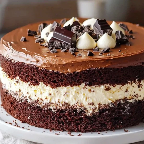 Deliciously layered tuxedo cake with chocolate and vanilla frosting