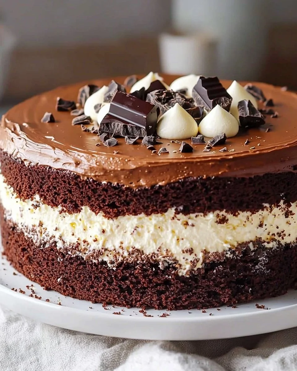 Deliciously layered tuxedo cake with chocolate and vanilla frosting