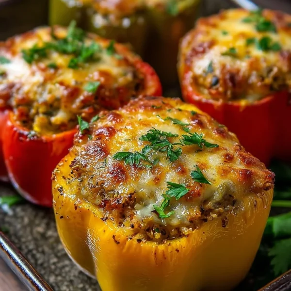 Vegetarian stuffed bell peppers filled with quinoa, beans, and vegetables