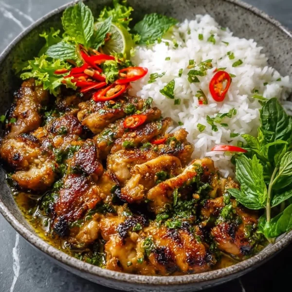 A plate of Vietnamese Lemongrass Chicken garnished with fresh herbs and served with rice.