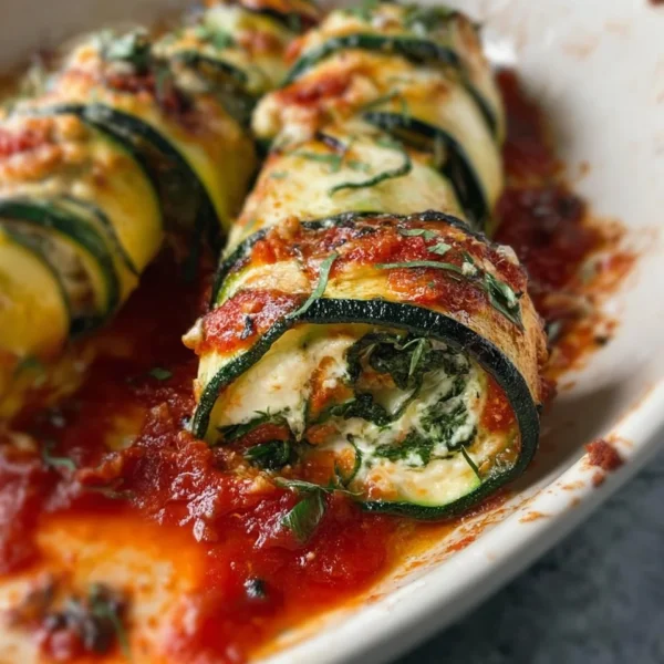Delicious Zucchini Rollatini served with fresh herbs and tomato sauce