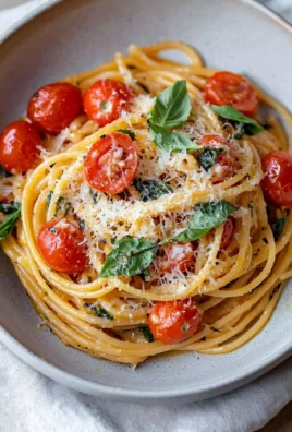Bowl of easy cherry tomato pasta with fresh basil and parmesan cheese