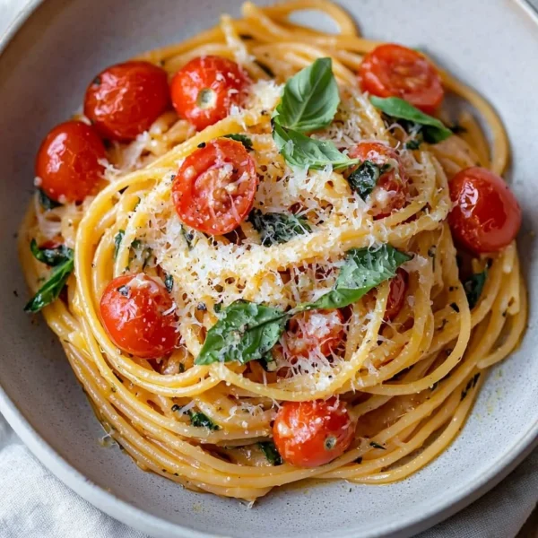 Bowl of easy cherry tomato pasta with fresh basil and parmesan cheese