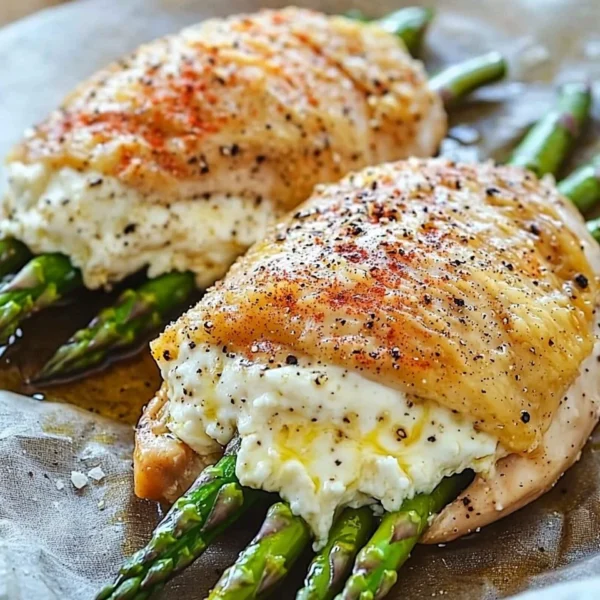 Asparagus stuffed chicken with savory filling and vibrant greens on a plate
