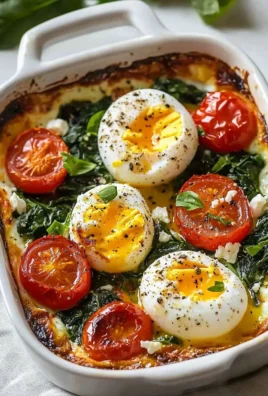 Baked feta eggs with tomatoes and spinach served in a skillet