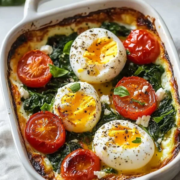 Baked feta eggs with tomatoes and spinach served in a skillet