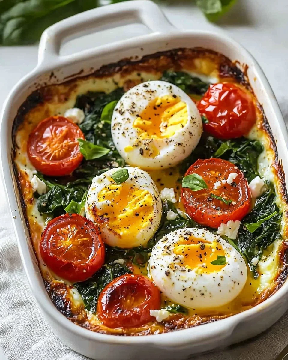 Baked Feta Eggs with Tomatoes and Spinach