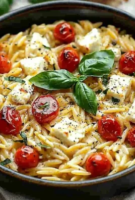 Baked feta orzo pasta with herbs and veggies in a baking dish