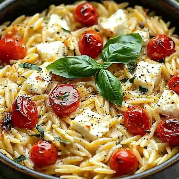 Baked feta orzo pasta with herbs and veggies in a baking dish