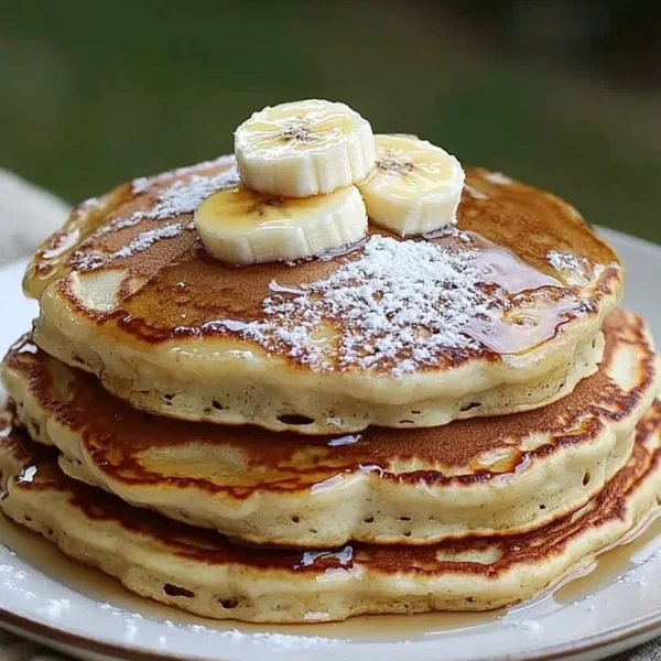 Stack of fluffy banana pancakes drizzled with syrup and topped with sliced bananas