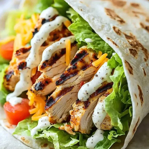 Delicious grilled chicken wraps filled with fresh veggies and sauces