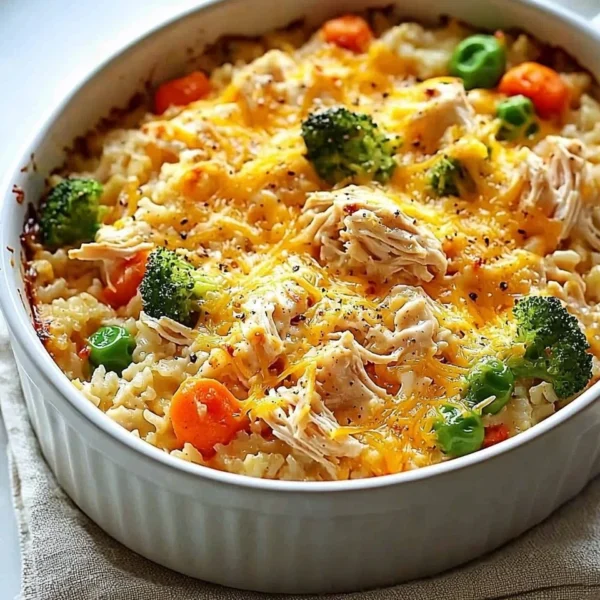 Delicious rotisserie chicken casserole topped with cheese and herbs
