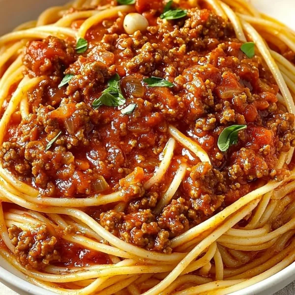Spaghetti topped with rich meat sauce for a comforting Italian meal.