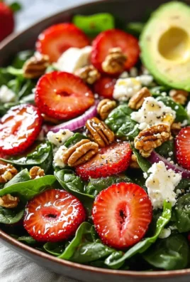 Delicious strawberry spinach salad with feta and walnuts in a bowl