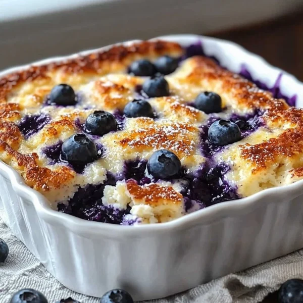 Blueberry Buttermilk Pancake Casserole served in a baking dish