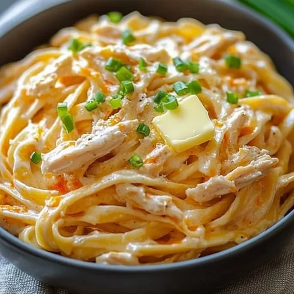 Creamy Buffalo Chicken Alfredo Pasta served in a bowl