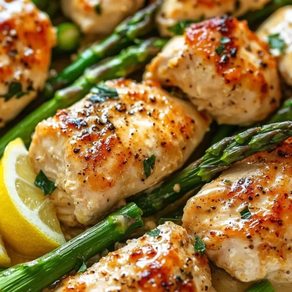 Caesar Chicken with Asparagus served on a plate, garnished with herbs