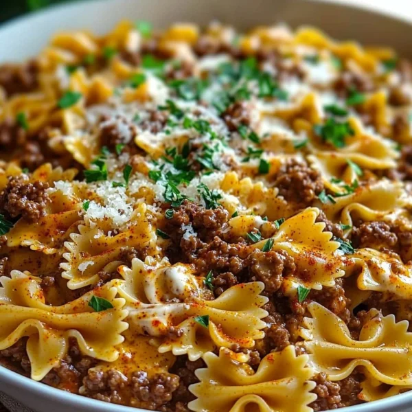 Cajun Cream Cheese Alfredo Bowties with Spiced Ground Beef dish served on a plate