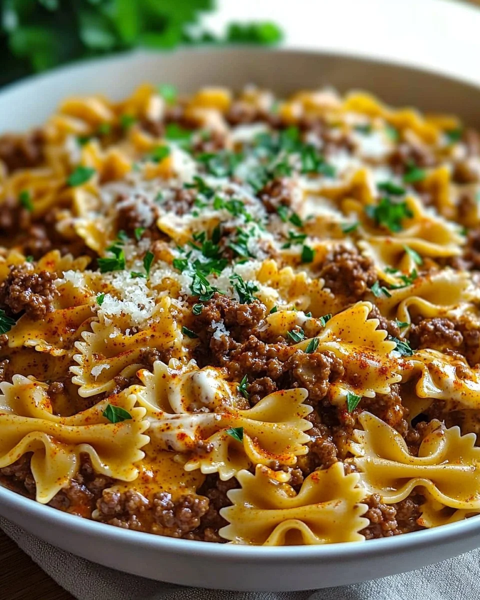 Cajun Cream Cheese Alfredo Bowties with Spiced Ground Beef