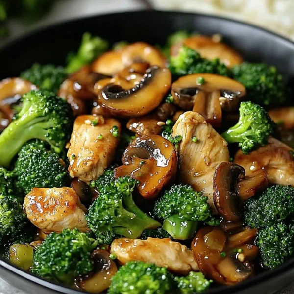 A vibrant Chicken, Broccoli & Mushroom Stir-Fry served in a bowl