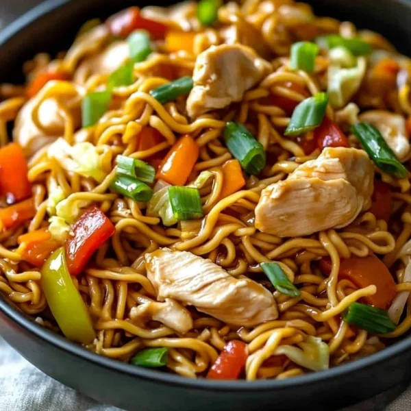 Delicious Chicken Chow Mein served with colorful vegetables and tender chicken