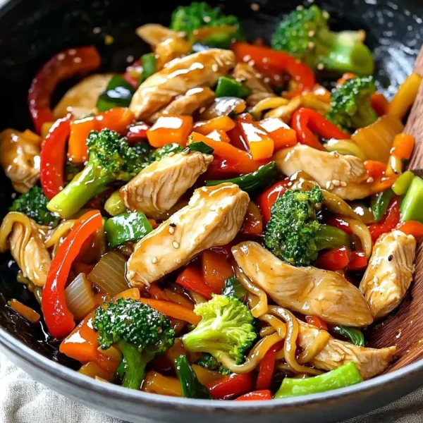 Colorful Chicken Stir Fry with vegetables and sauce in a bowl