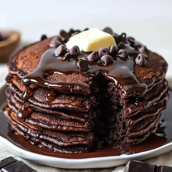 Delicious chocolate pancakes topped with syrup and berries