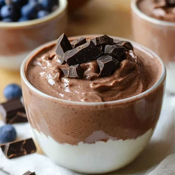 Delicious chocolate protein pudding in a bowl topped with chocolate shavings